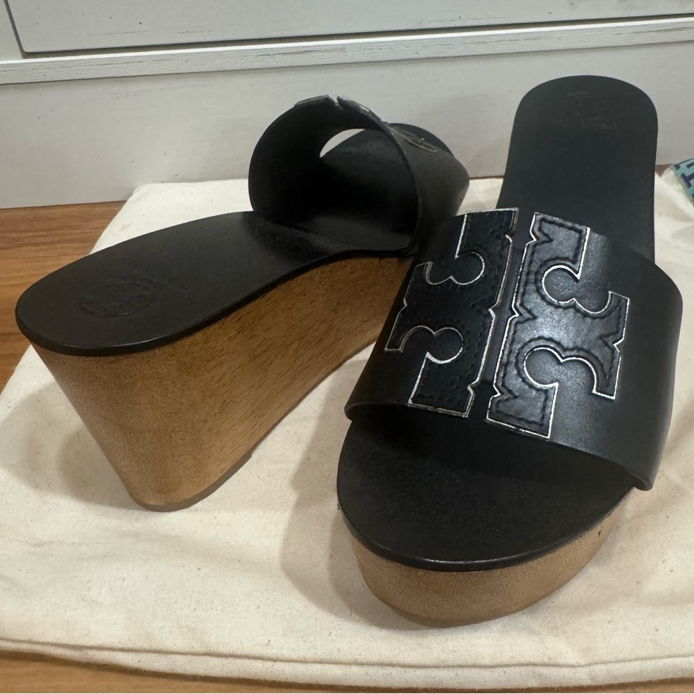 Tory Burch Ines 80MM Wedge Slide Black/Silver Womens 9.5